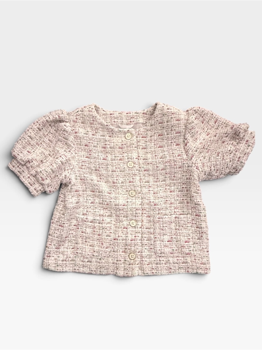 Janie and Jack Pale Pink Tweed Button-Front Puff Sleeve Top